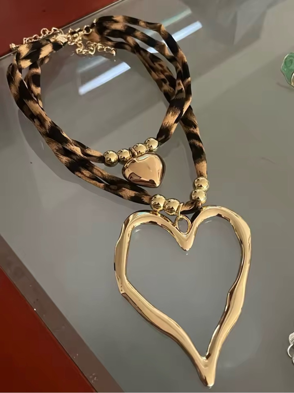 Gold Heart Pendant Necklace with Leopard Ribbon